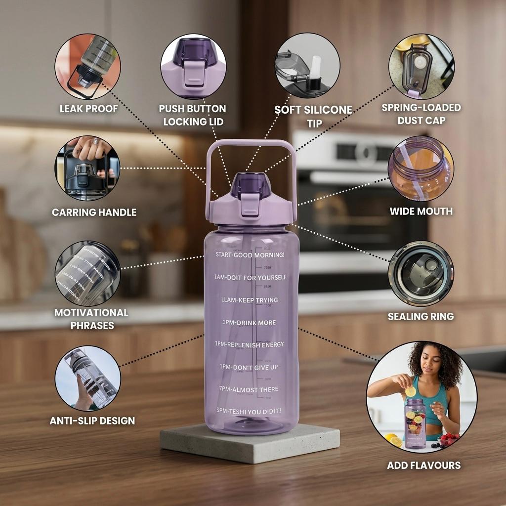 2L Motivational Hydration Bottle with Straw & Handle
